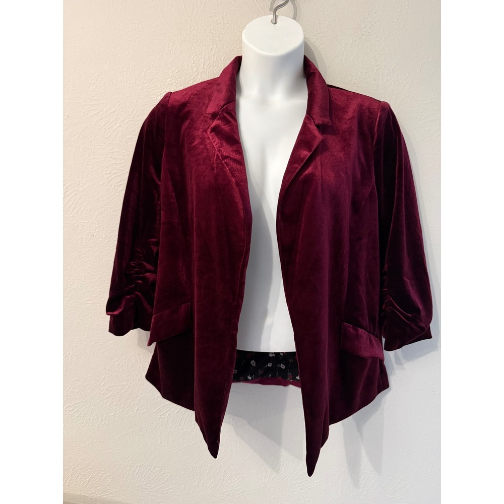 Skies Are Blue Burgundy Velvet Ruched 3/4 Sleeve Open Front Blazer Floral L